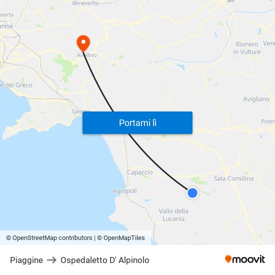 Piaggine to Ospedaletto D' Alpinolo map