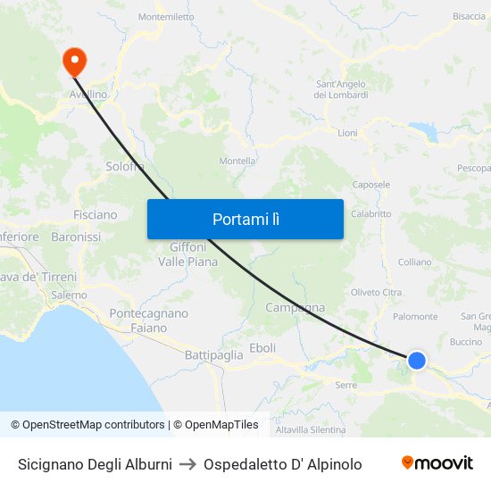 Sicignano Degli Alburni to Ospedaletto D' Alpinolo map