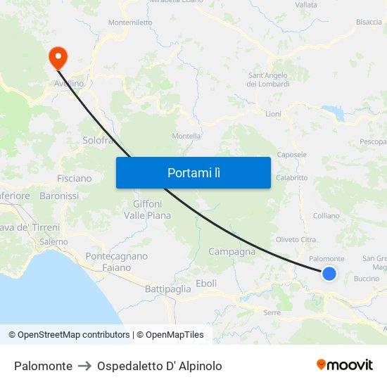 Palomonte to Ospedaletto D' Alpinolo map