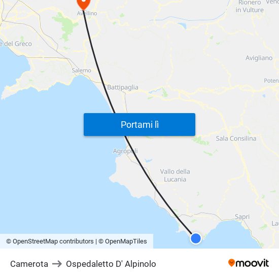 Camerota to Ospedaletto D' Alpinolo map