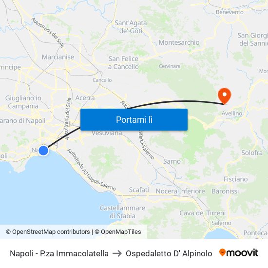 Napoli - P.za Immacolatella to Ospedaletto D' Alpinolo map