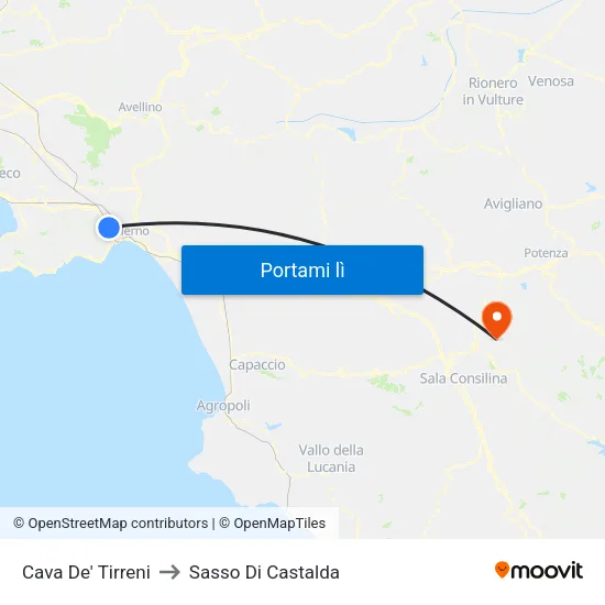 Cava De' Tirreni to Sasso Di Castalda map