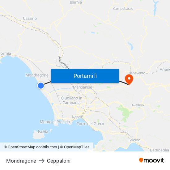 Mondragone to Ceppaloni map