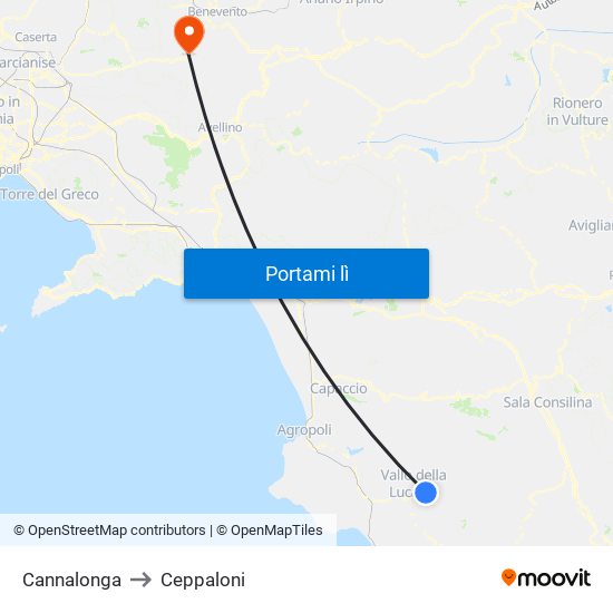 Cannalonga to Ceppaloni map