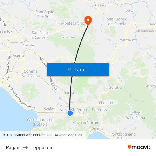 Pagani to Ceppaloni map