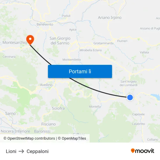 Lioni to Ceppaloni map