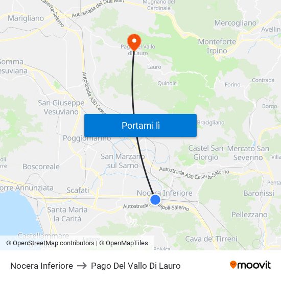 Nocera Inferiore to Pago Del Vallo Di Lauro map