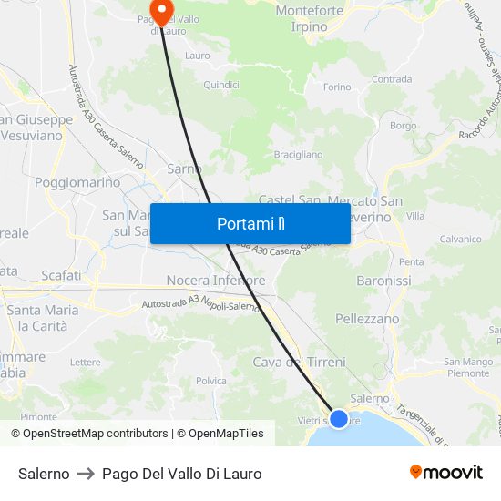 Salerno to Pago Del Vallo Di Lauro map