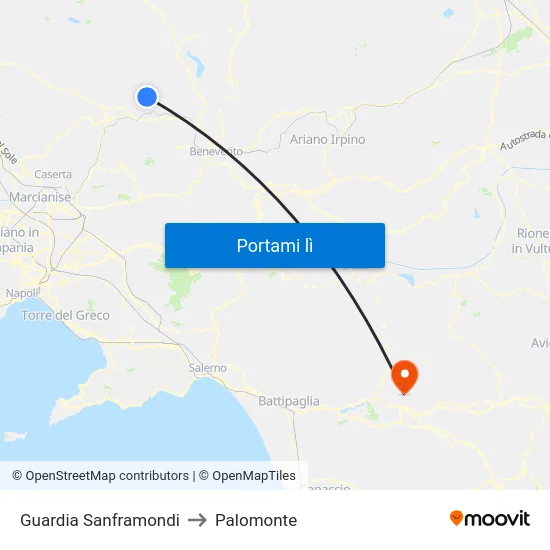 Guardia Sanframondi to Palomonte map