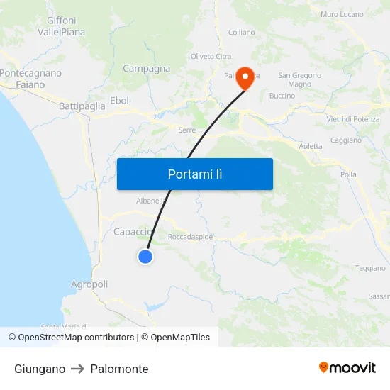 Giungano to Palomonte map
