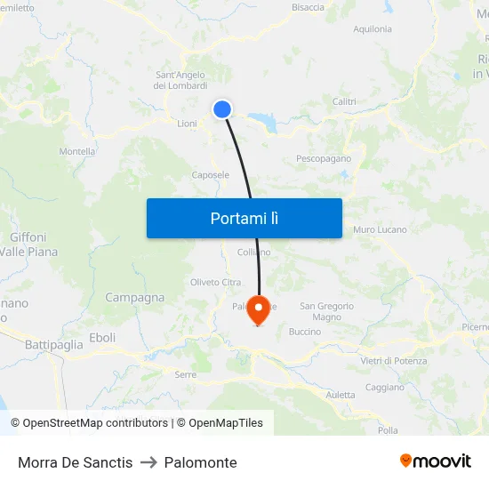Morra De Sanctis to Palomonte map