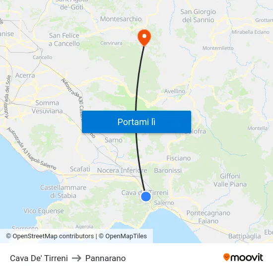 Cava De' Tirreni to Pannarano map