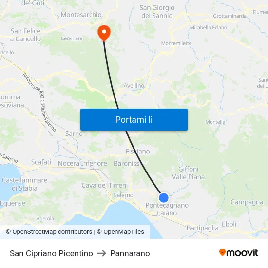 San Cipriano Picentino to Pannarano map