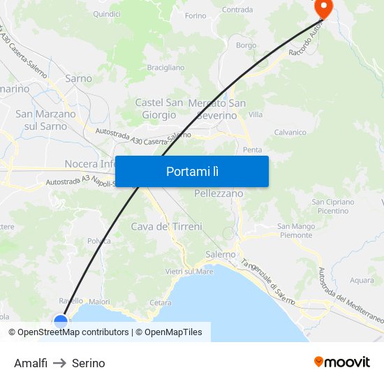 Amalfi to Serino map