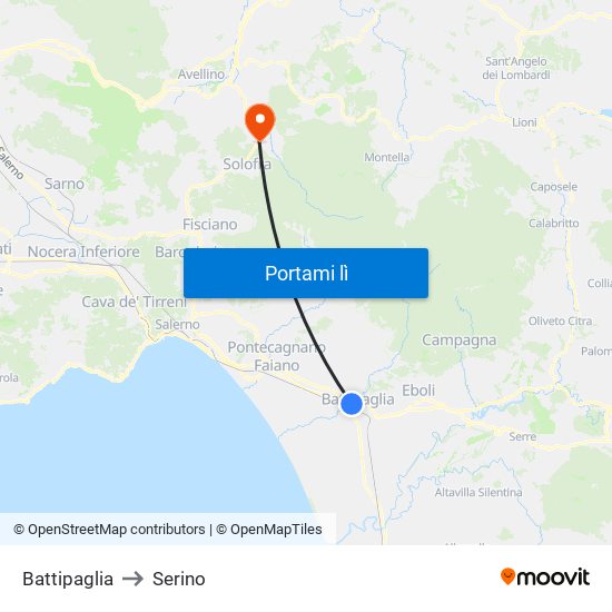 Battipaglia to Serino map