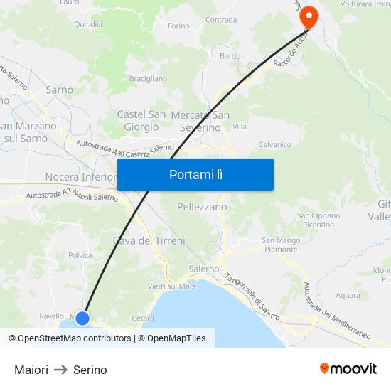 Maiori to Serino map
