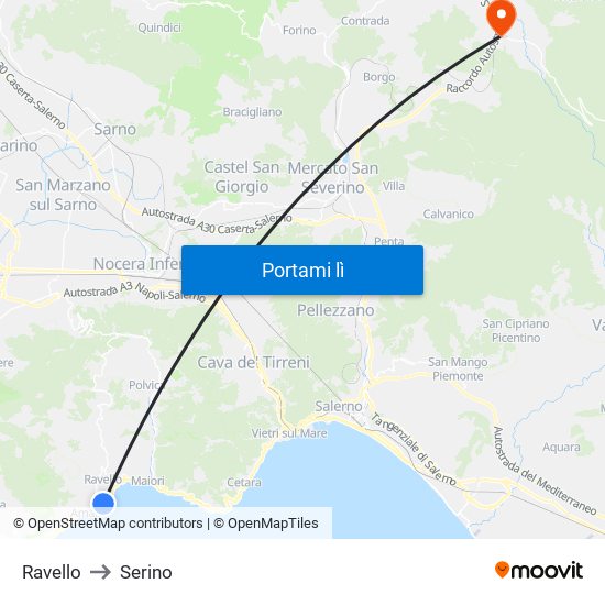 Ravello to Serino map