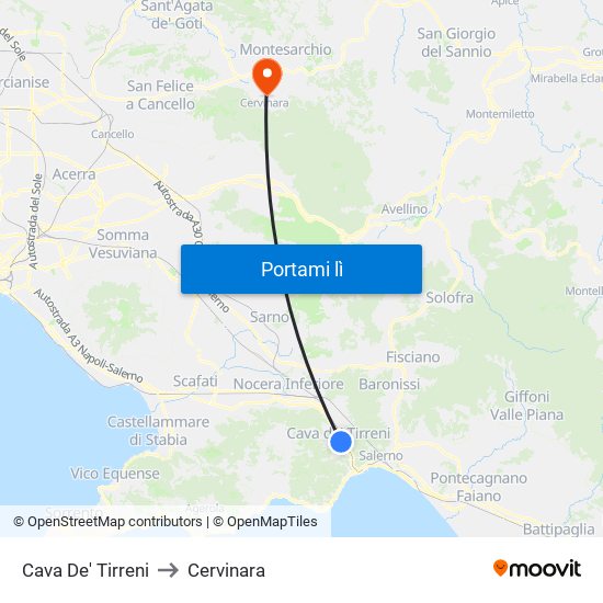 Cava De' Tirreni to Cervinara map