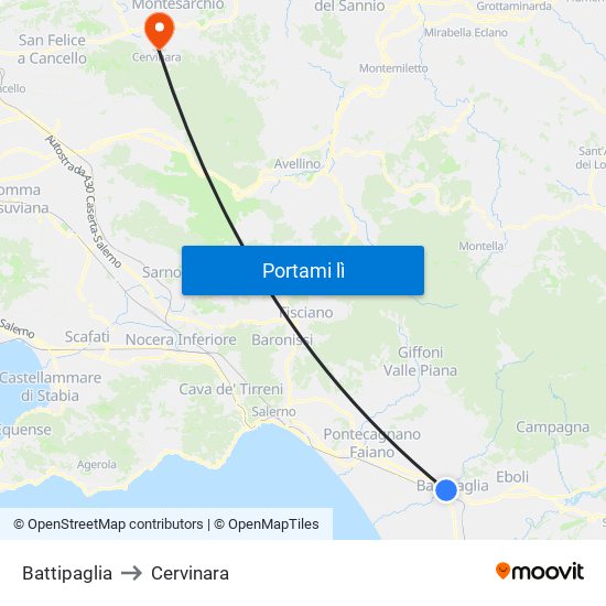 Battipaglia to Cervinara map