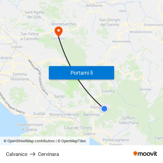 Calvanico to Cervinara map