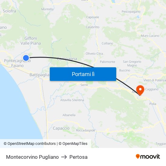 Montecorvino Pugliano to Pertosa map