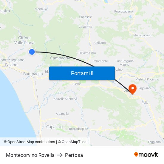 Montecorvino Rovella to Pertosa map