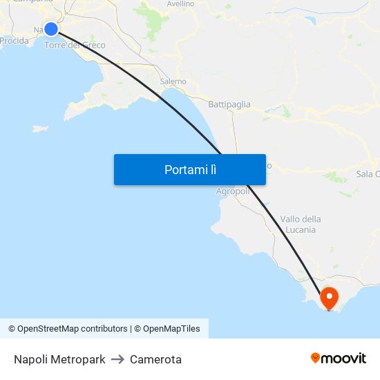 Napoli Metropark to Camerota map