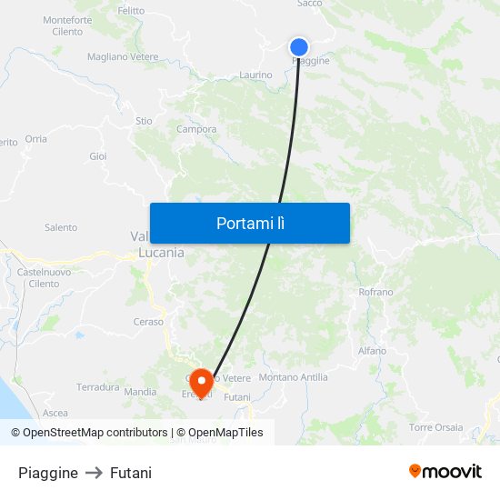 Piaggine to Futani map