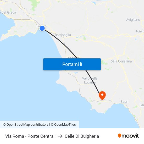 Via Roma - Poste Centrali to Celle Di Bulgheria map