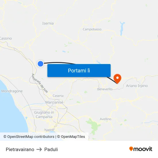 Pietravairano to Paduli map