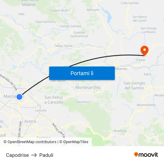 Capodrise to Paduli map