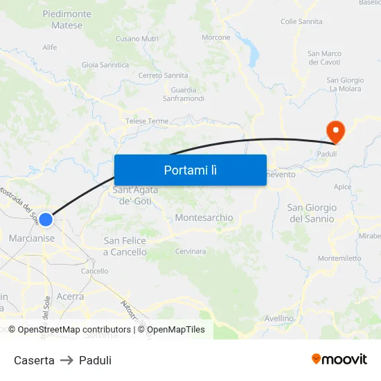 Caserta to Paduli map