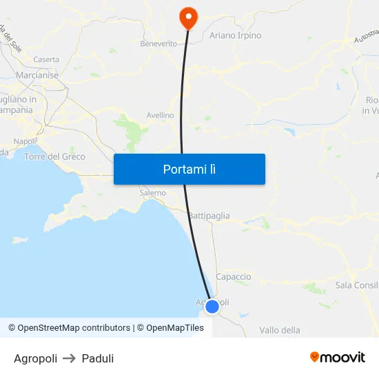 Agropoli to Paduli map