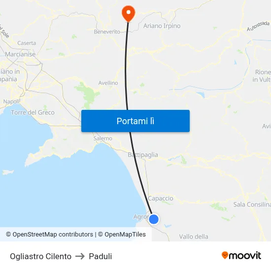 Ogliastro Cilento to Paduli map