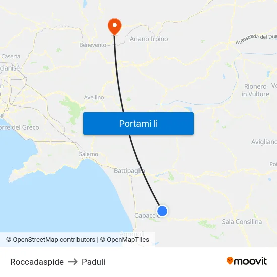 Roccadaspide to Paduli map