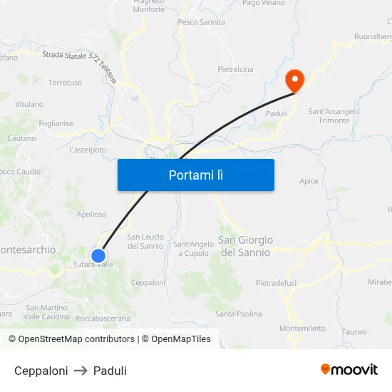Ceppaloni to Paduli map
