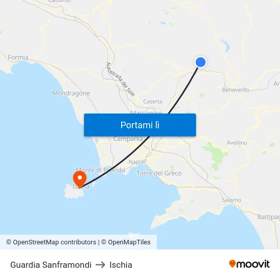 Guardia Sanframondi to Ischia map