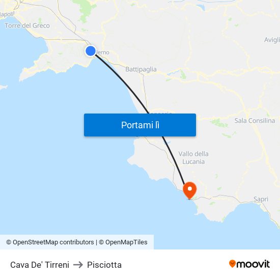 Cava De' Tirreni to Pisciotta map