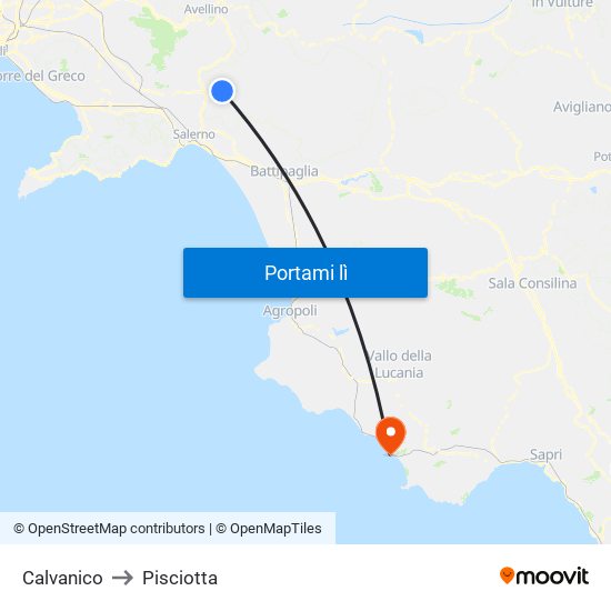 Calvanico to Pisciotta map