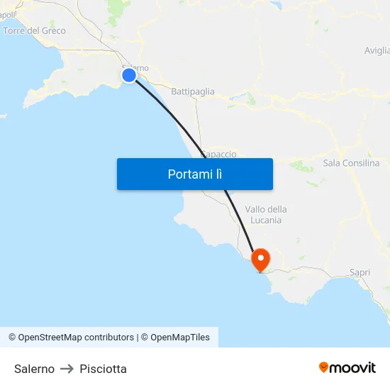 Salerno to Pisciotta map