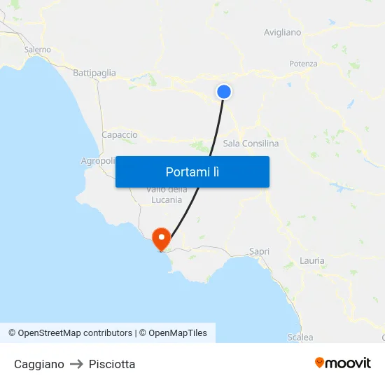 Caggiano to Pisciotta map