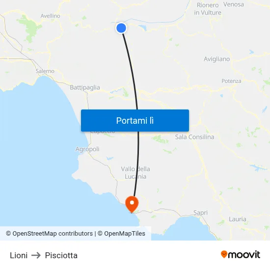 Lioni to Pisciotta map