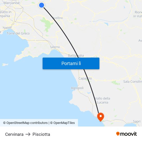 Cervinara to Pisciotta map