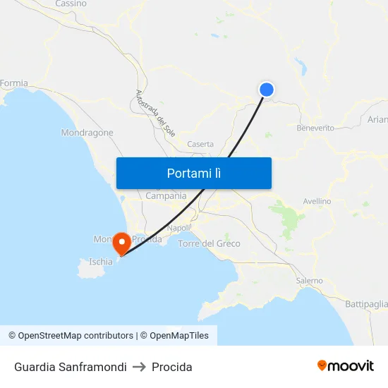 Guardia Sanframondi to Procida map