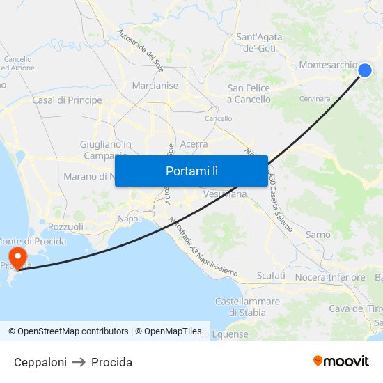 Ceppaloni to Procida map