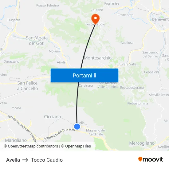 Avella to Tocco Caudio map