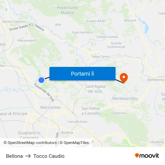 Bellona to Tocco Caudio map