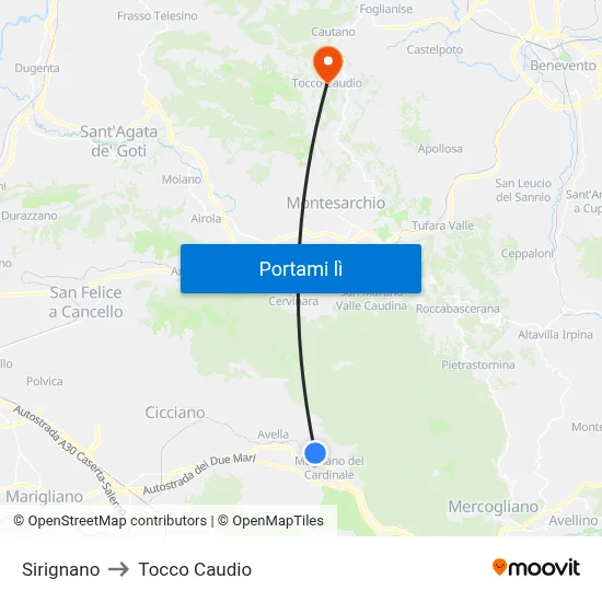 Sirignano to Tocco Caudio map