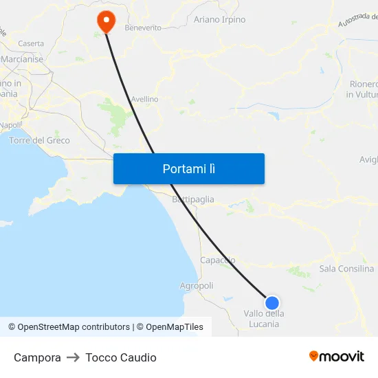 Campora to Tocco Caudio map