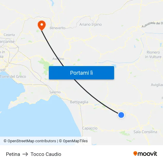 Petina to Tocco Caudio map